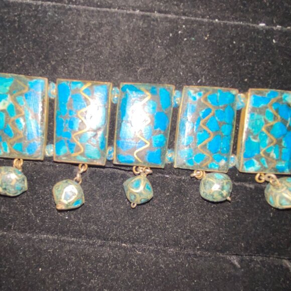 Vintage Bohemian Blue & Gold Gypsy Choker Necklace With Beaded Pendants - Picture 13 of 16